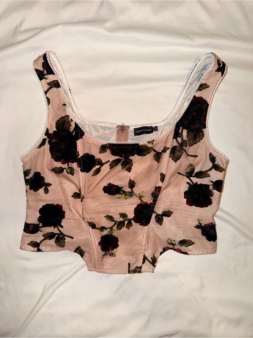 PrettyLittleThing Blush Pink Velvet Floral Corset Tank